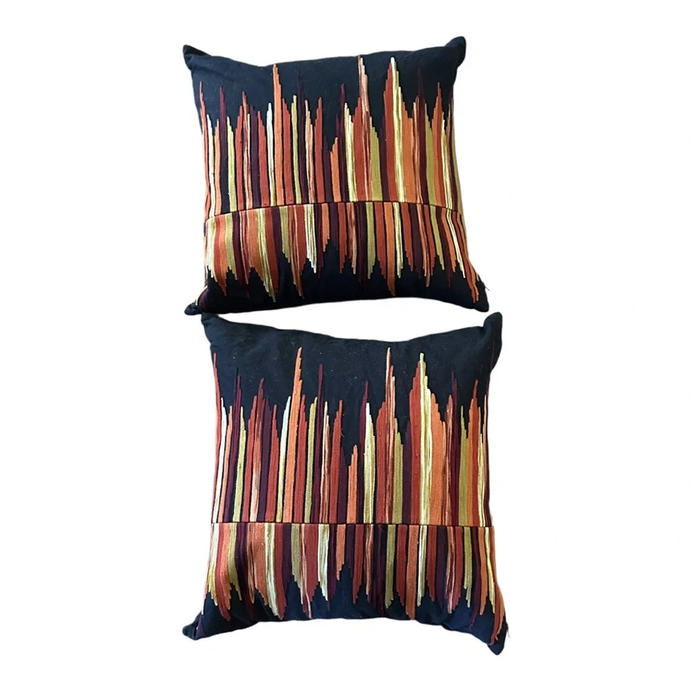 Crate & Barrel Black Red Embroidered Accent Pillows‎ Striking Design Set of 2